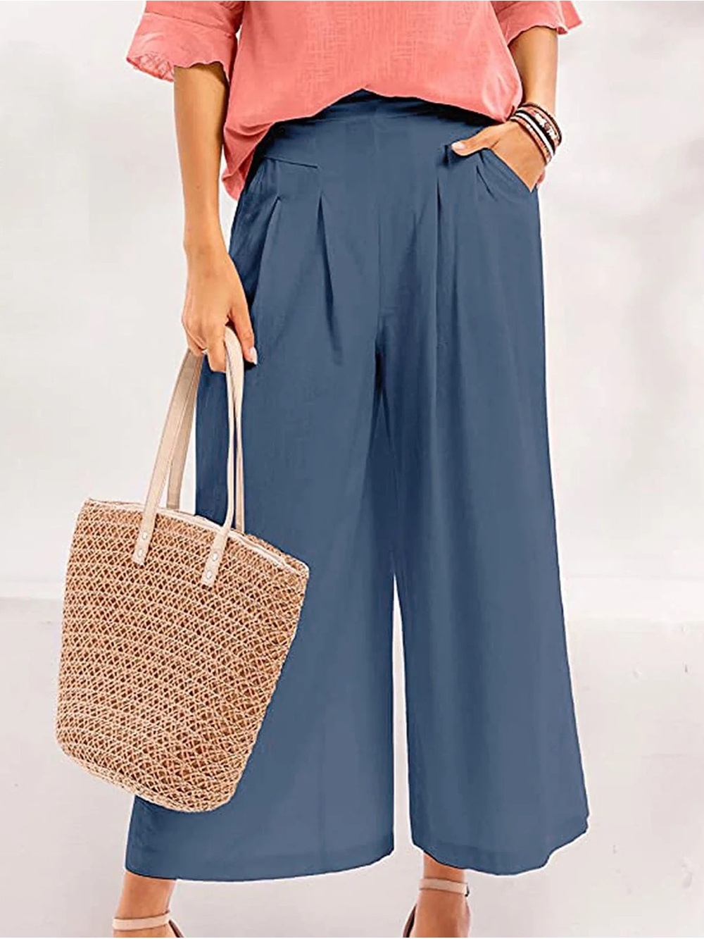 Linen Blend Palazzo Wide Leg Ankle Pants - Teal Blue